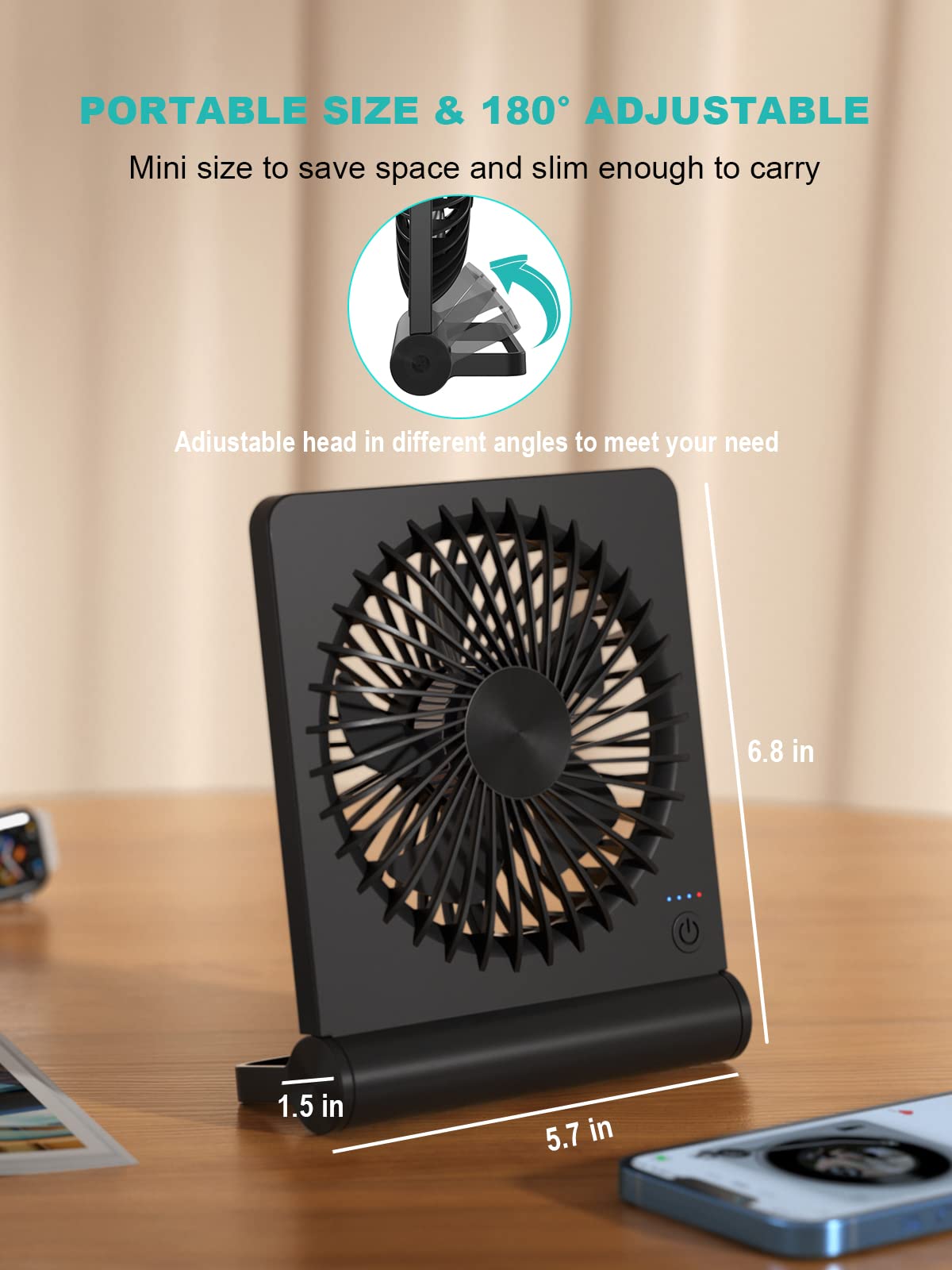 Tevelecin Small Desk Fan, 2000mAh Rechargeable USB Fan Battery Operated,Ultra Quiet, Strong Wind, 3 Speeds Travel Fan