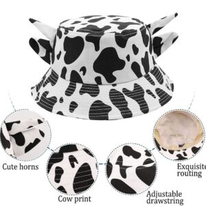 Cow Print Bucket Hat with Cute Horn Ears Cow Print Summer Beach Sun Hat Fisherman's Cow Bucket Hat (White)