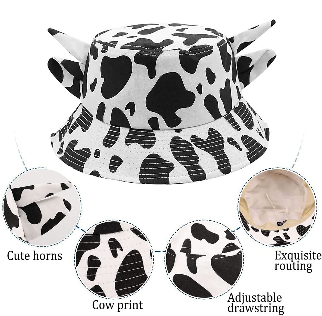 Cow Print Bucket Hat with Cute Horn Ears Cow Print Summer Beach Sun Hat Fisherman's Cow Bucket Hat (White)