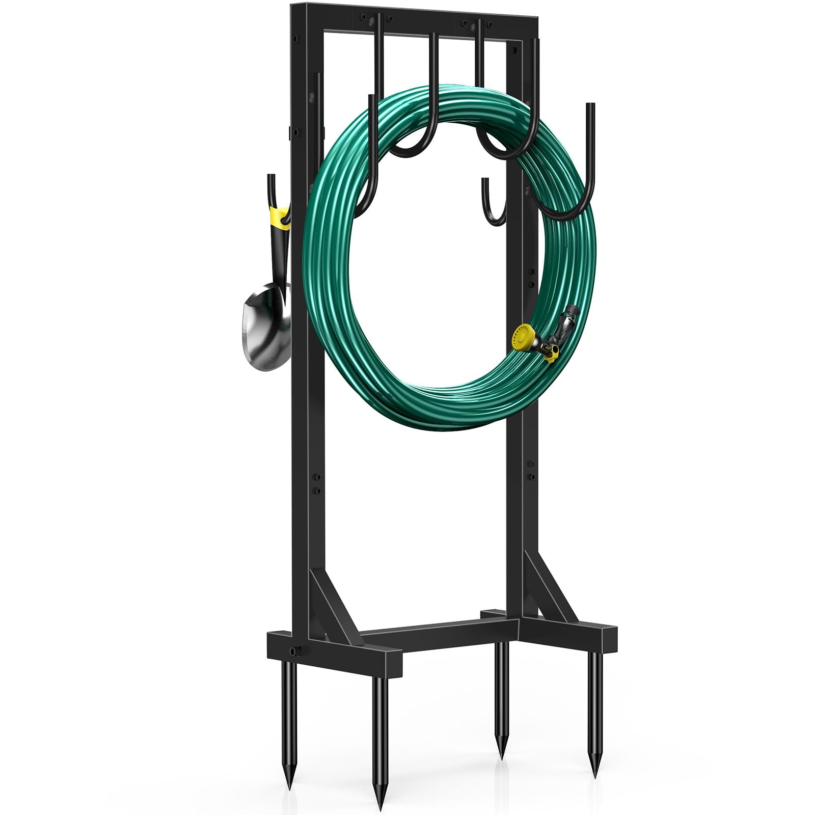 Winpull Garden Hose Holder Water Hose Holder with 4 Spikes, Freestanding Hose Hanger Outdoor Hold Stand Heavy Duty 6 Hooks Metal Garden Hose Storage Hose Reel Rack for Outside (Black)