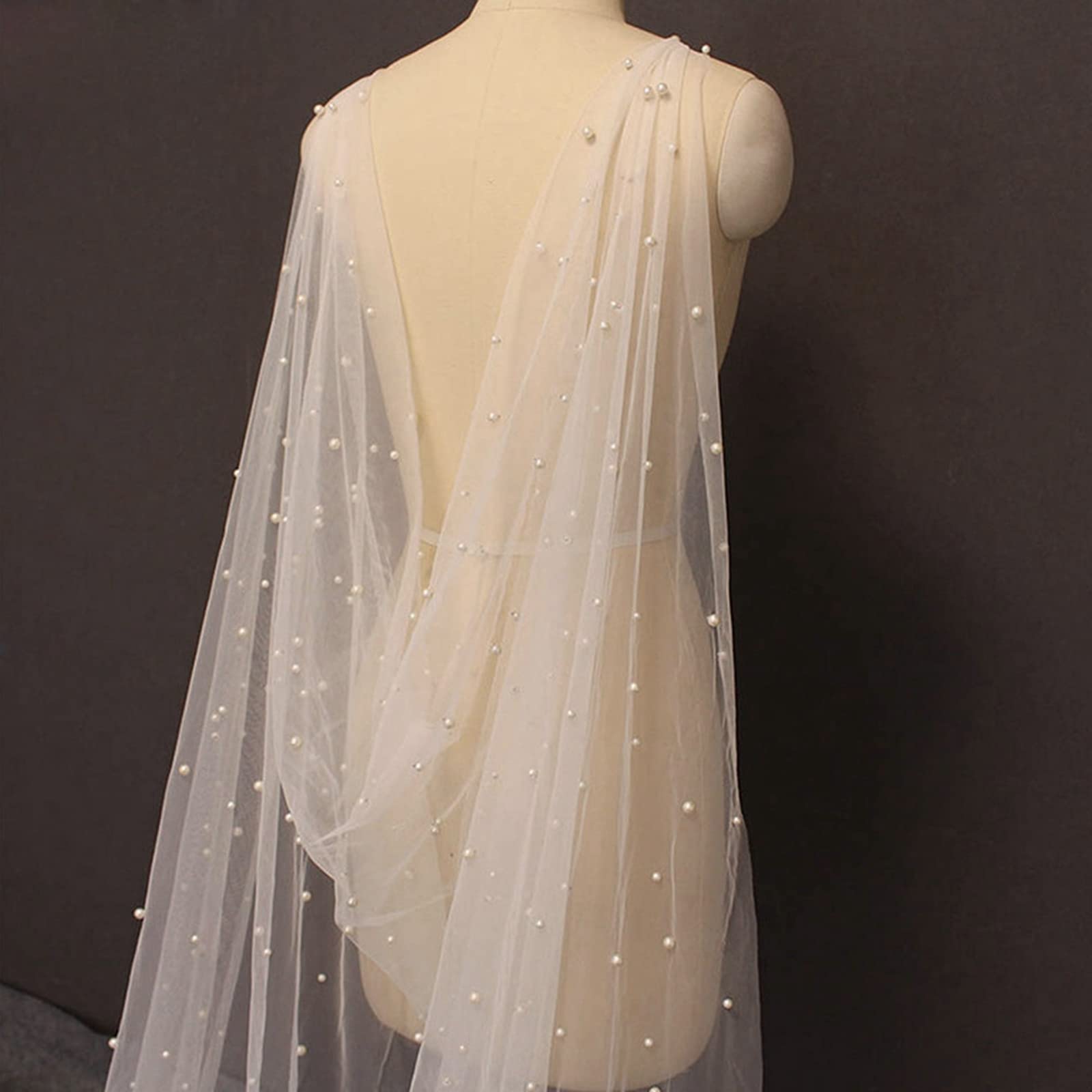 Ivory Long Wedding Shawl Cloak Pearl Veil Bead Bridal Capes For Bride (IVORY)