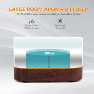 PLUWEL Flame Aroma Diffuser Humidifier,Auto-Off 300ml Essential Oil Diffuser for Large Room, Adjustable Brightness Air Humidifier with Timer for Home Office Spa Gym (Wood Grain)