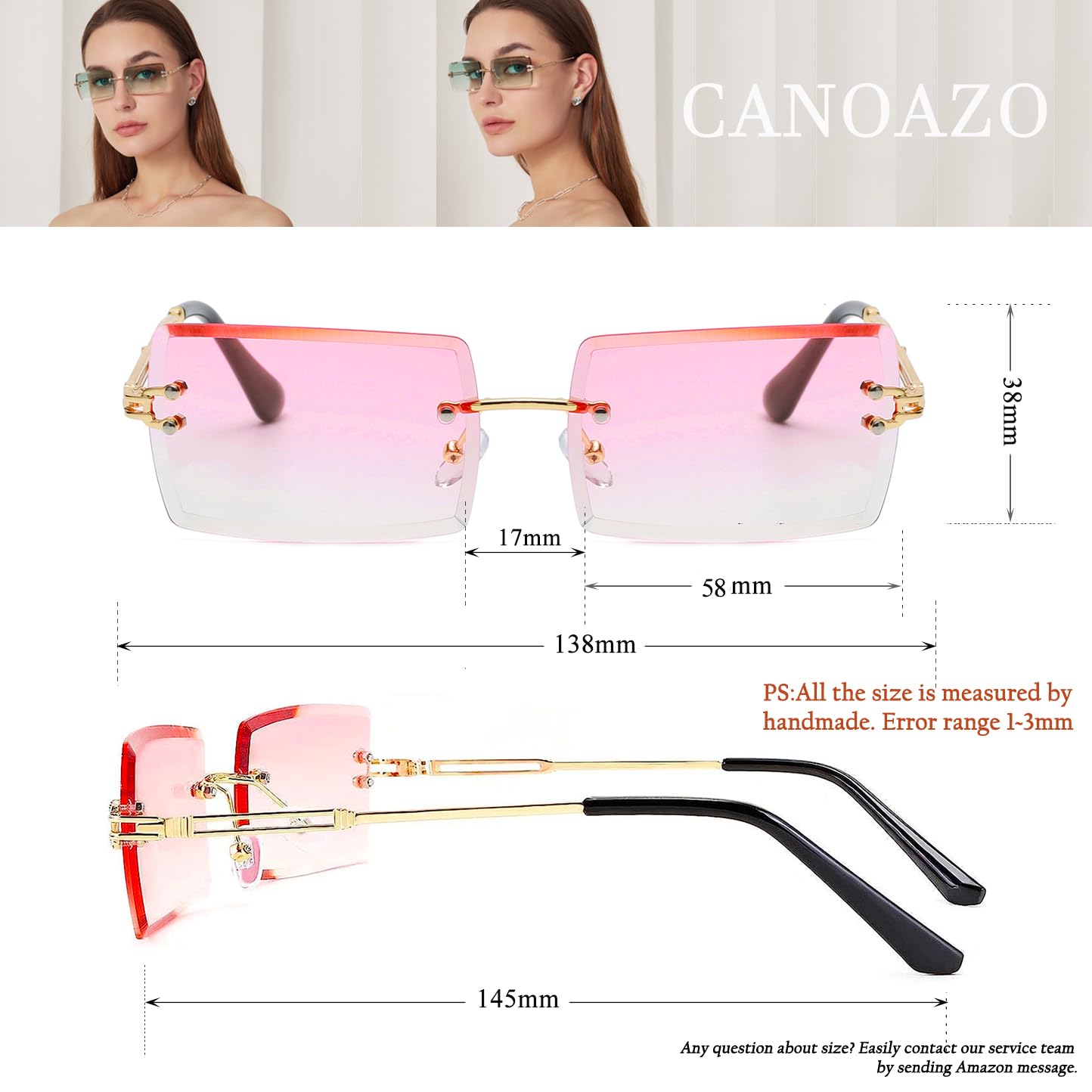 Canoazo Rimless Rectangle Sunglasses Women Men Trendy Square Y2K Glasses Retro Frameless Eyewear Gradient Lens(Clear Pink)