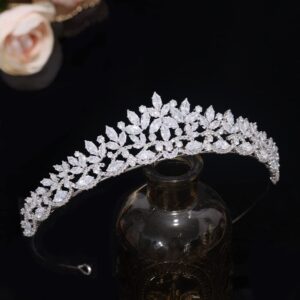 Aoligrace Silver Cubic Zirconia Small Wedding Crowns for Bride CZ Birthday Party Floral Tiaras Sweet 16 Prom Hair Accessories