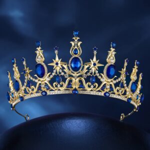 SWEETV Couple Crowns for Women & Men,Crystal Queen Tiara King Crown Set,2-Pack Gold Blue Medieval Hair Accessories for Prom Wedding Photo Shoot Birthday