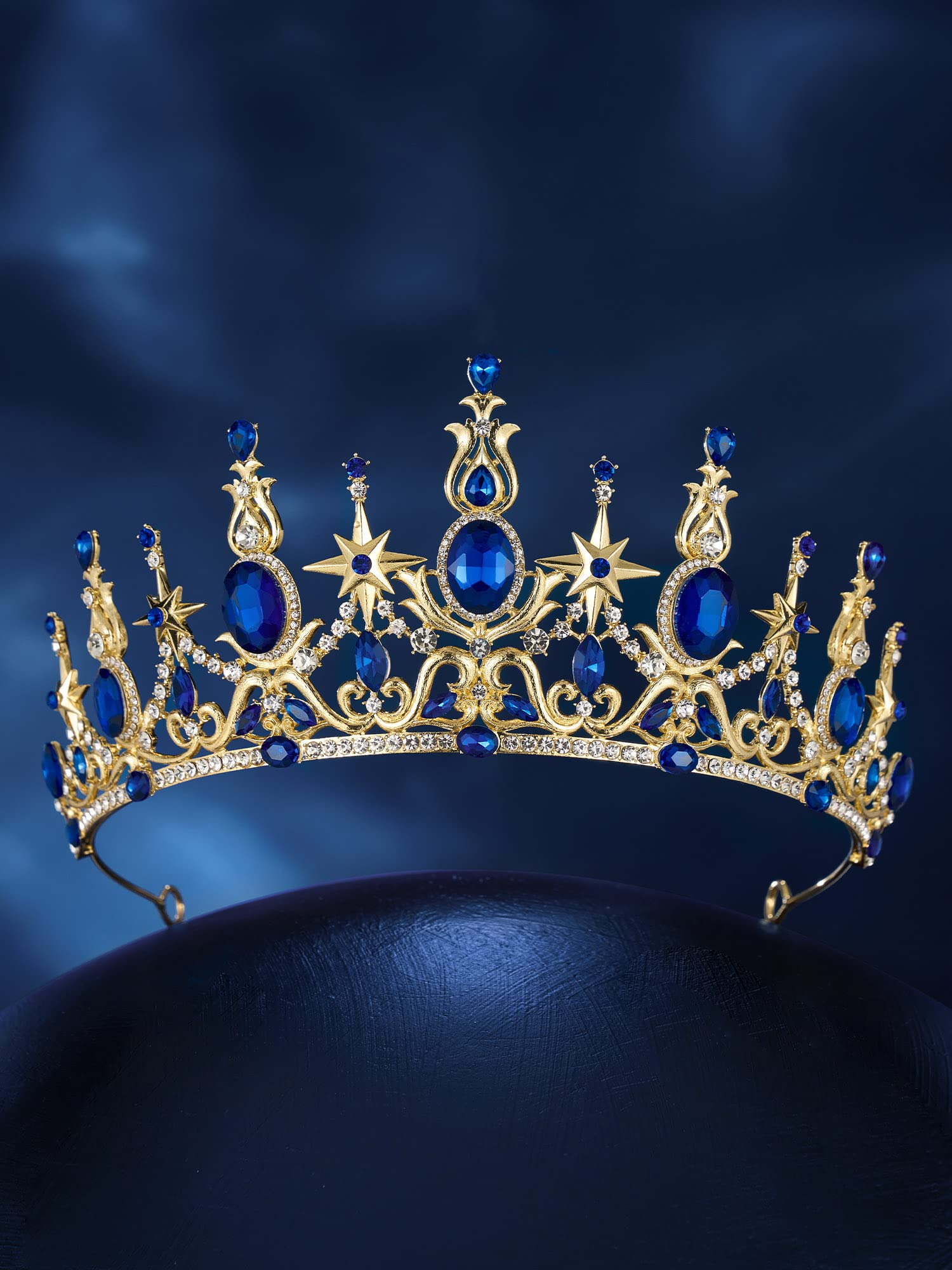 SWEETV Couple Crowns for Women & Men,Crystal Queen Tiara King Crown Set,2-Pack Gold Blue Medieval Hair Accessories for Prom Wedding Photo Shoot Birthday