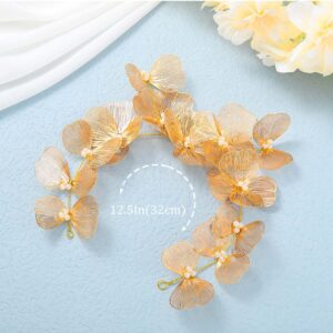 Catery Flower Bride Headband Gold Petal Hair Vine Pearl Bridal Headpiece Floral Golden Leaf Hair Piece Wedding Hair Accessories for Women and Girls