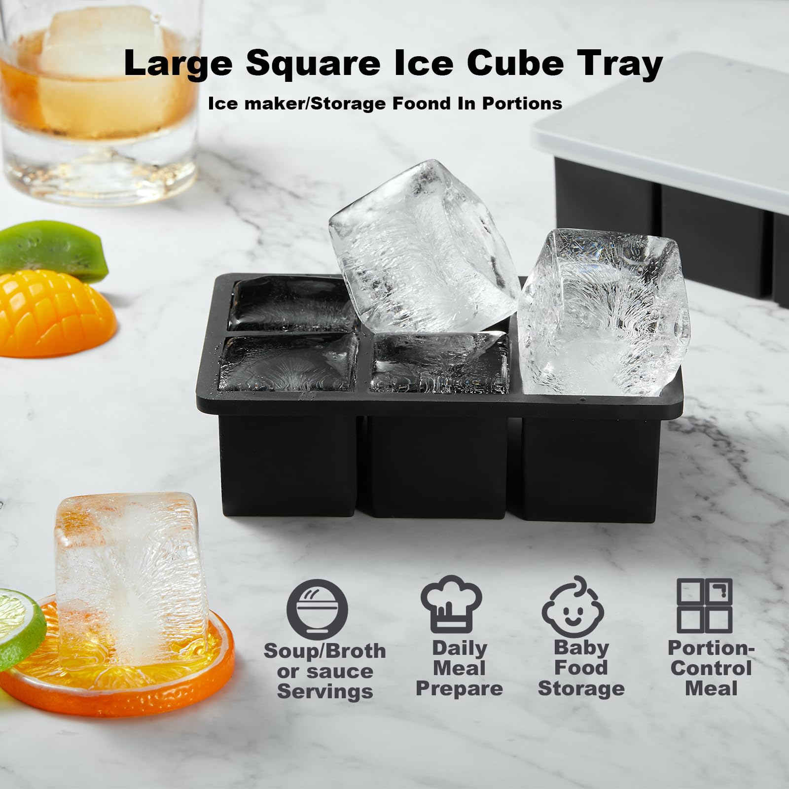 ACOOKEE Large Silicone Ice Cube Tray with Lid 2 Pack, Stackable Square Ice Cube Molds for Whiskey,Cocktails,Baby Food Soup Frozon Treat, kitchen Bourbon Gifts Stocking Stuffers for Adults Men Women