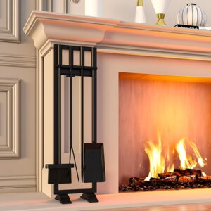 Fire Beauty Fireplace Tools Set 5 Pieces Fireside Accessories Fire Kit Stand Woodstove Tools Holder Wrought Iron Handle Indoor Fireset Stand