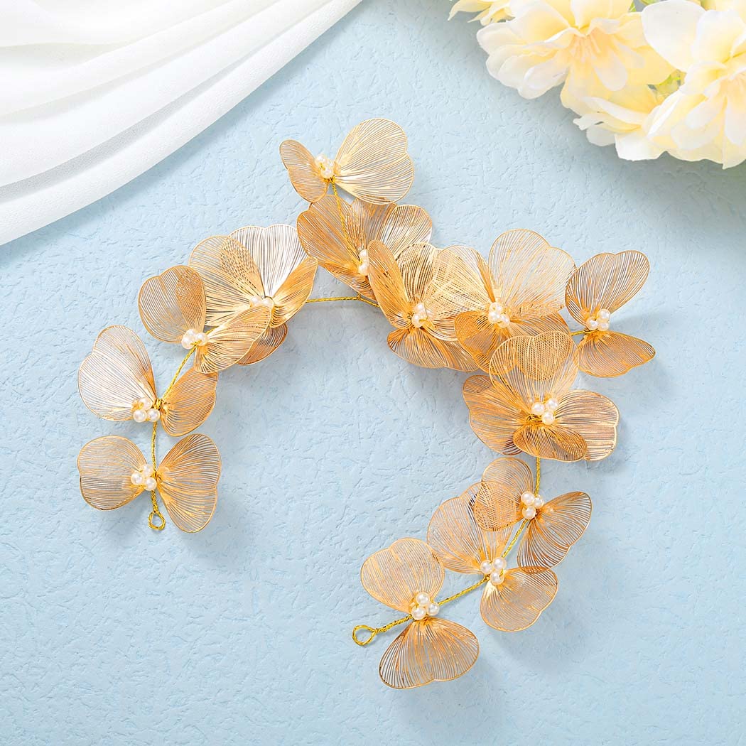 Catery Flower Bride Headband Gold Petal Hair Vine Pearl Bridal Headpiece Floral Golden Leaf Hair Piece Wedding Hair Accessories for Women and Girls