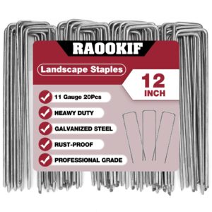 raookif 12 inch galvanized garden landscape staples stakes, 20/50/100/200pcs garden metal stakes, 11 gauge heavy duty ground stakes for decoration, fence stakes lawn stake, fabric pins (20, 12 inch)