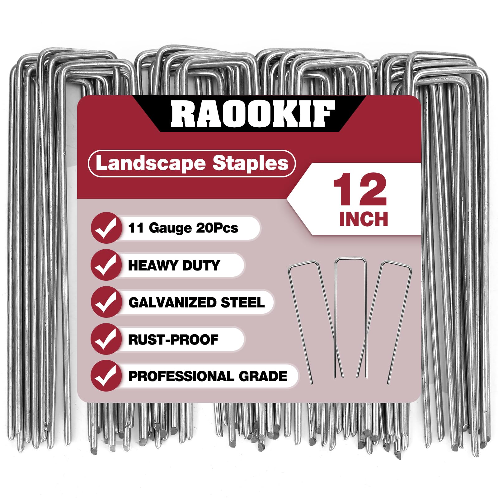 RAOOKIF 12 Inch Galvanized Garden Landscape Staples Stakes, 20/50/100/200Pcs Garden Metal Stakes, 11 Gauge Heavy Duty Ground Stakes for Decoration, Fence Stakes Lawn Stake, Fabric Pins (20, 12 Inch)