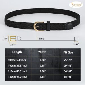 JASGOOD Women Braided Elastic Belt, 1'' Narrow Width Woven Fabric Belt for Jeans Men Golf Belt with Gold Buckle, B-Black+Khaki