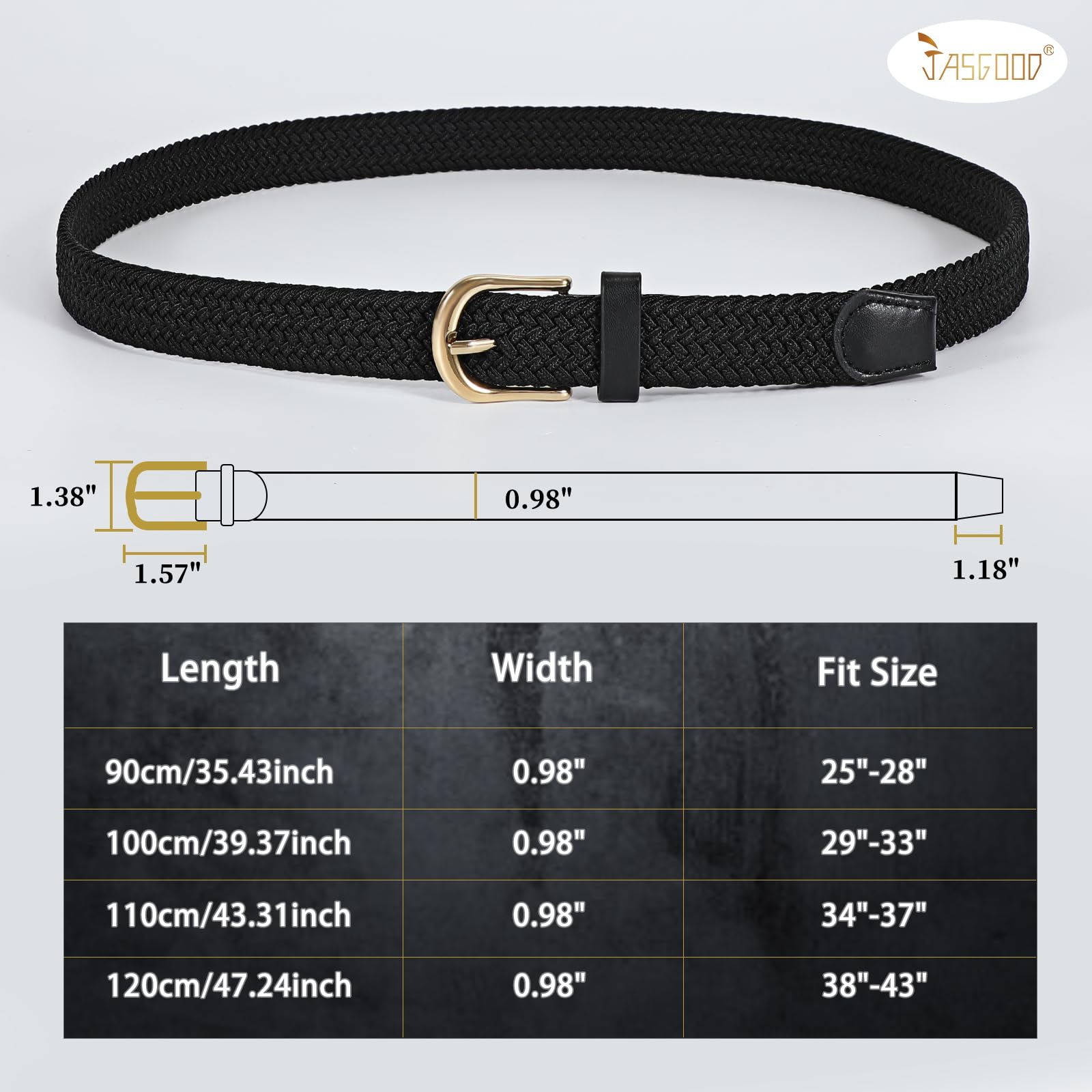 JASGOOD Women Braided Elastic Belt, 1'' Narrow Width Woven Fabric Belt for Jeans Men Golf Belt with Gold Buckle, B-Black+Khaki