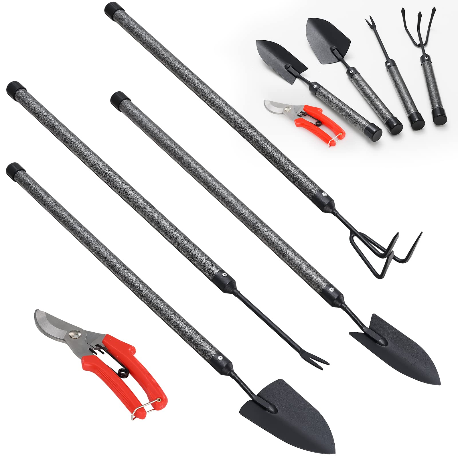 Garden Tools Set 5 Piece with Extended Handle, Heavy Duty Garden Tools Set, Ideal Gardening Tool Kit Gifts for Parents and Kids Including Trowels, Hand rake, Weeder, Pruning Shears