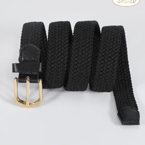 JASGOOD Women Braided Elastic Belt, 1'' Narrow Width Woven Fabric Belt for Jeans Men Golf Belt with Gold Buckle, B-Black+Khaki