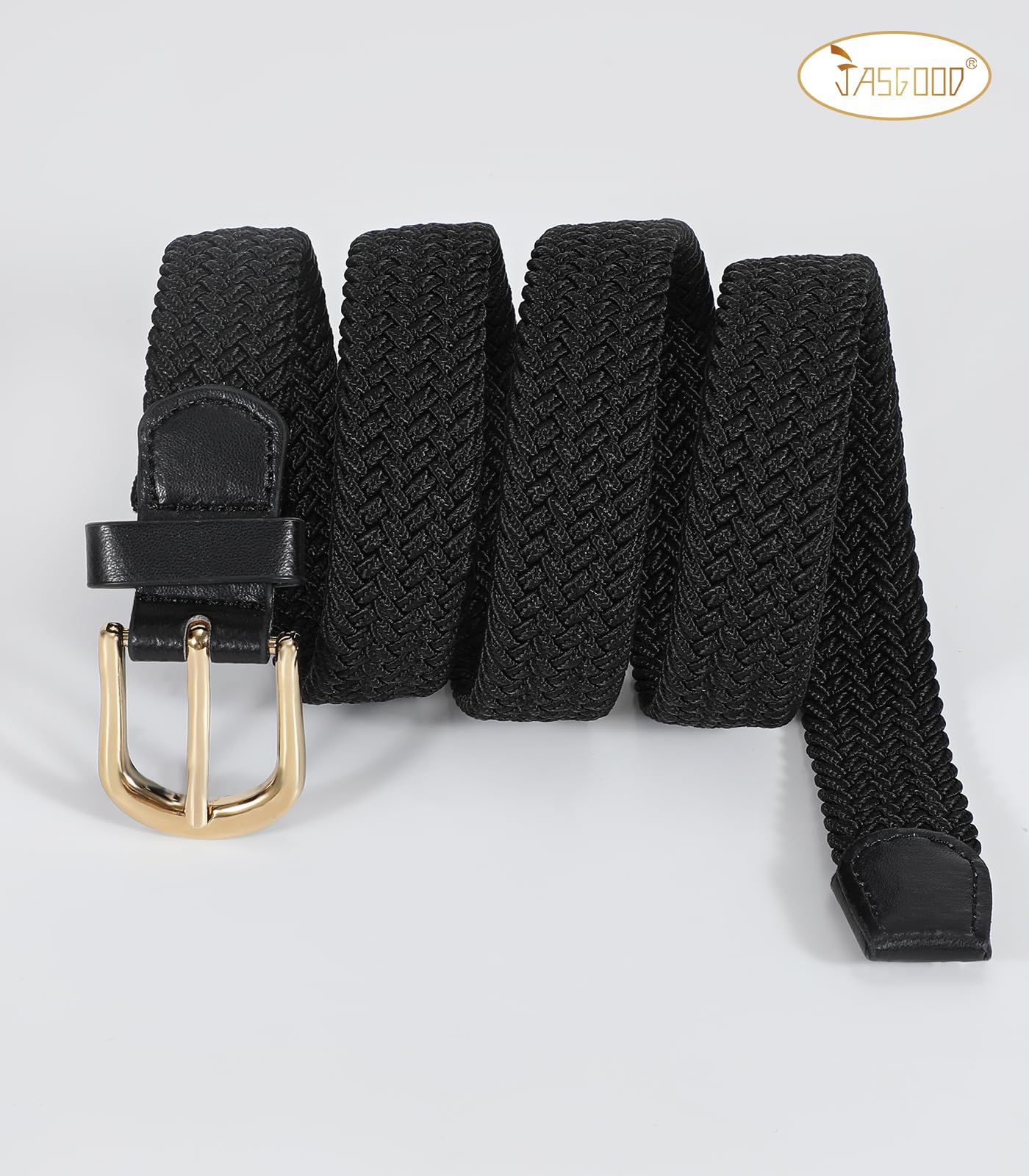 JASGOOD Women Braided Elastic Belt, 1'' Narrow Width Woven Fabric Belt for Jeans Men Golf Belt with Gold Buckle, B-Black+Khaki