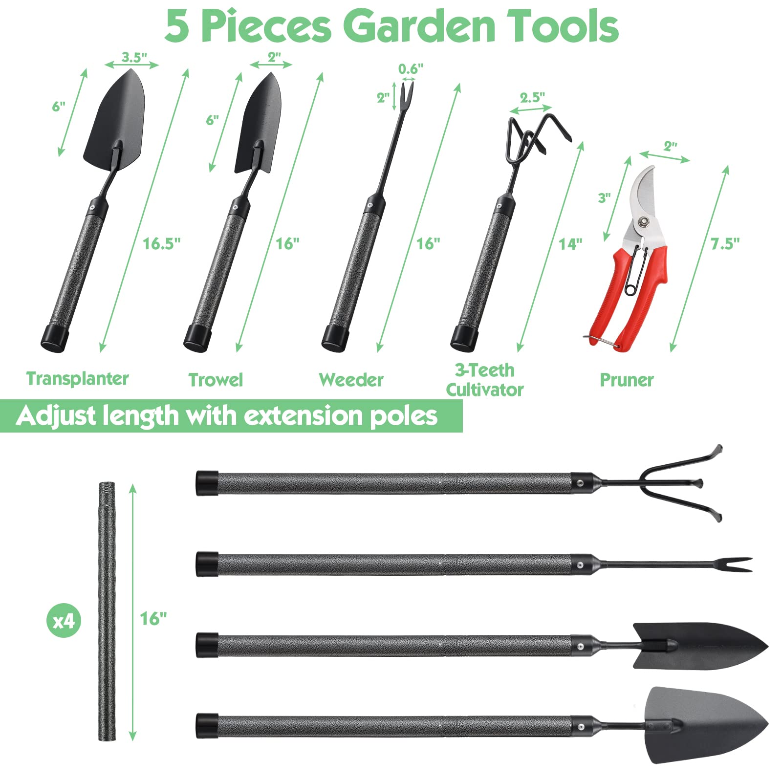 Garden Tools Set 5 Piece with Extended Handle, Heavy Duty Garden Tools Set, Ideal Gardening Tool Kit Gifts for Parents and Kids Including Trowels, Hand rake, Weeder, Pruning Shears