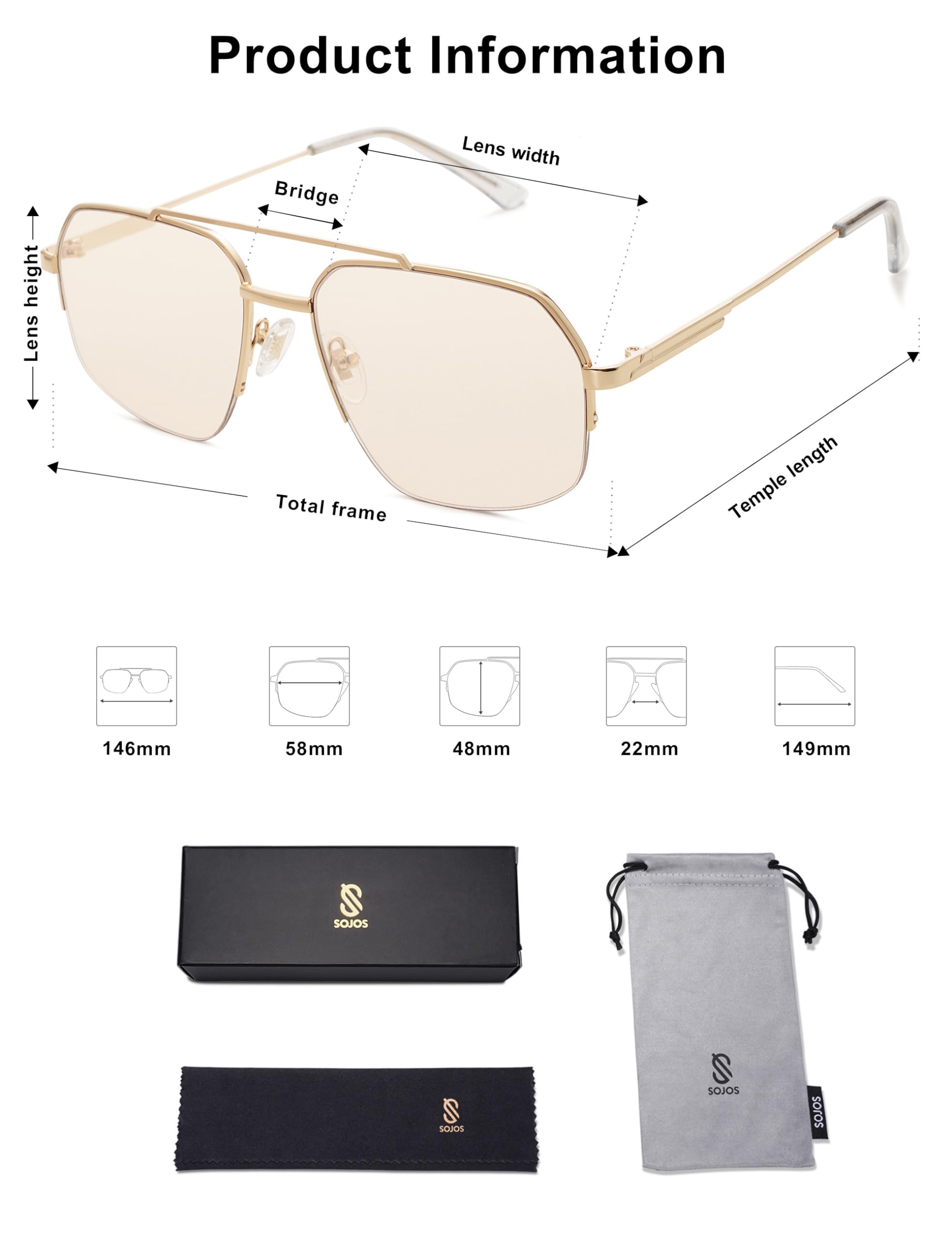 SOJOS Trendy Aviator Sunglasses Mens Womens Retro Double Bridge Metal Frame Semi-Rimless Shades Lentes De Sol Para Mujer SJ1191 Light Brown