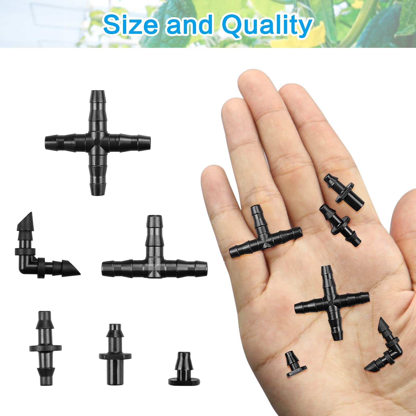 295 Pcs Drip Irrigation Fittings Kit for 1/4" Tubing - 110 Straight Barbs,35 Single Barbs,75 Tees,20 Elbows,30 End Plug,25 4-Way Coupling - Barbed Connectors Fittings for Sprinkler Systems