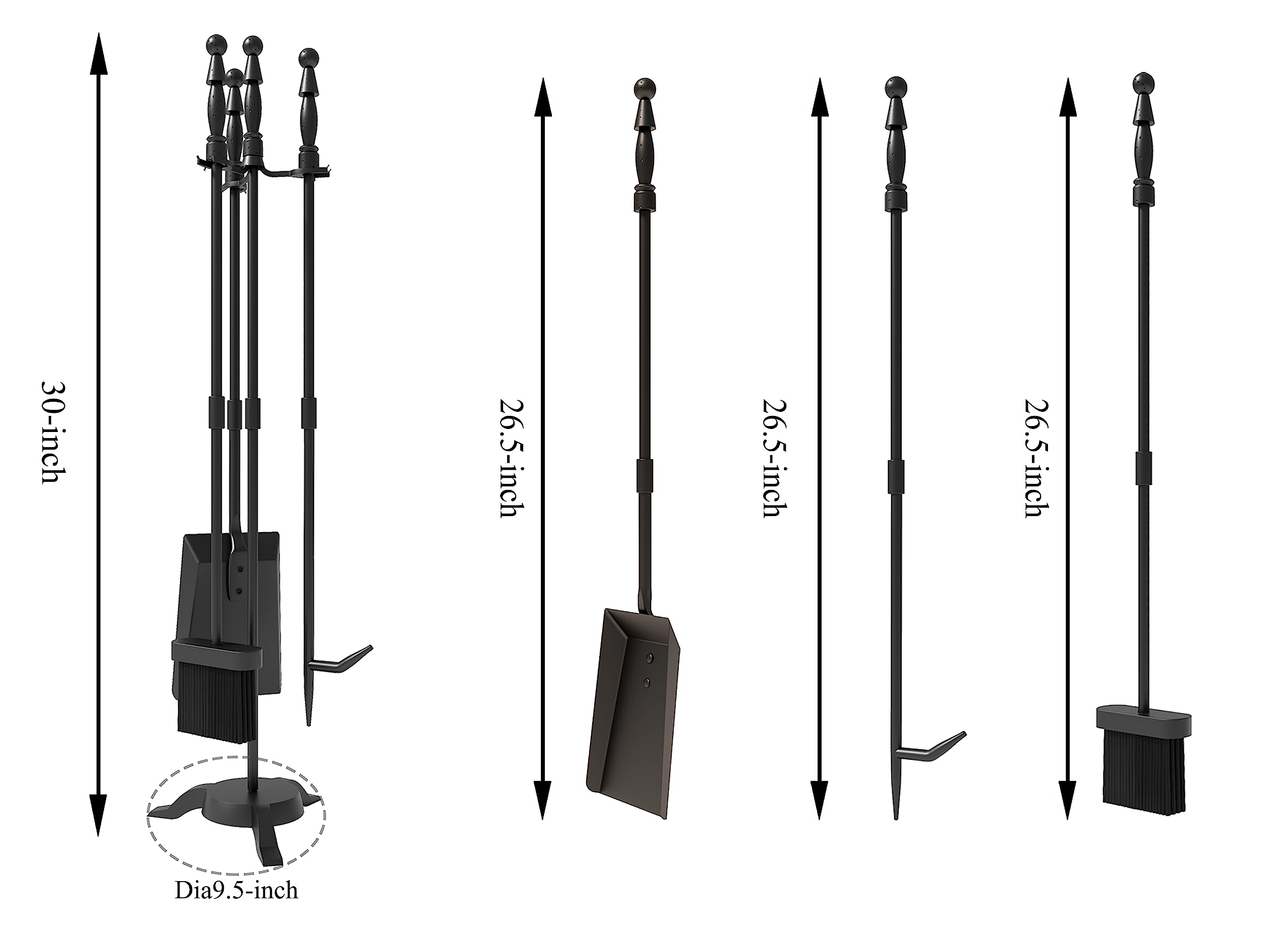 Fire Beauty Fireplace Tools Set 4 Pieces Black Wrought Iron Fire Tool Set for Outdoor/Indoor Include Poker, Shovel, Brush and Stand Accessories Set