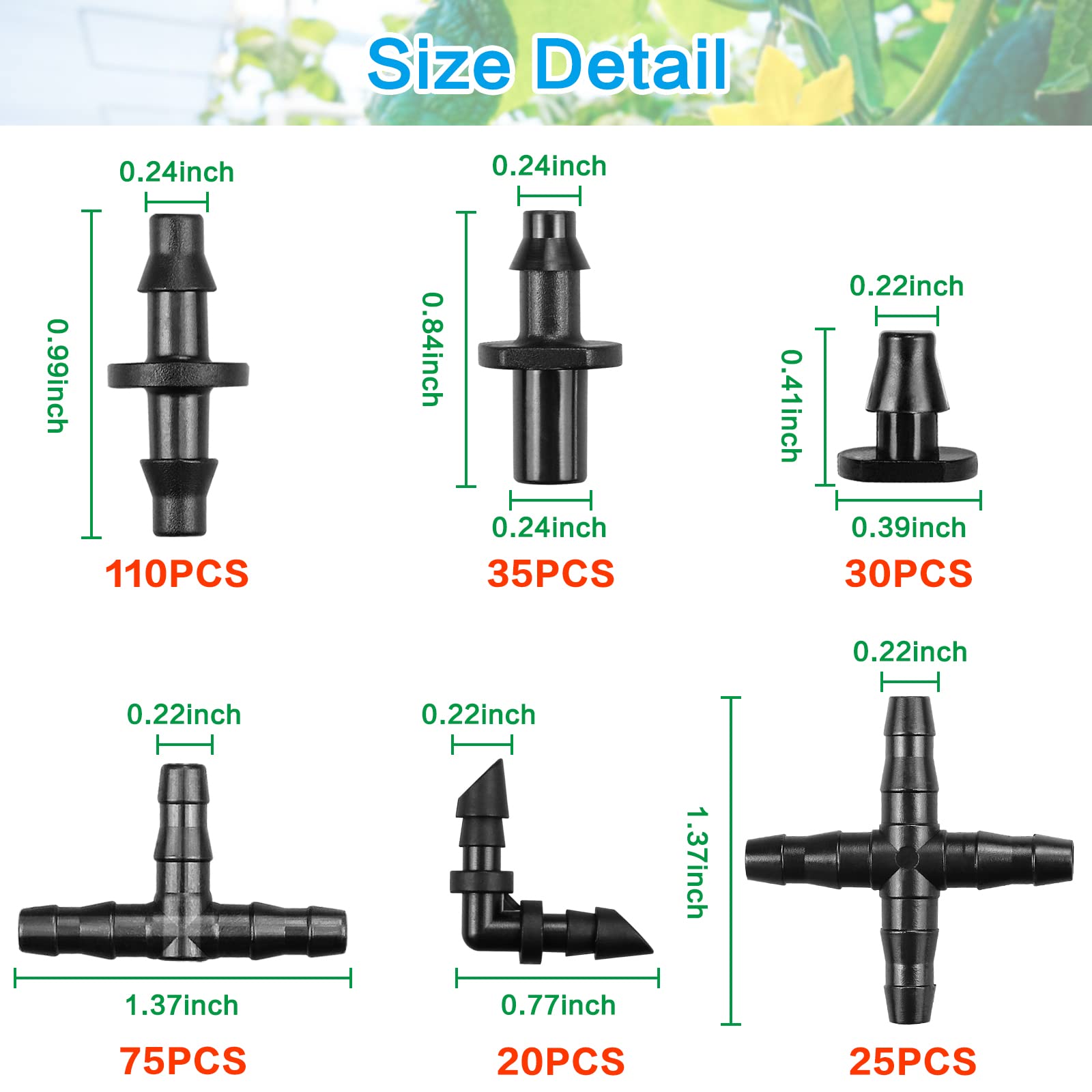 295 Pcs Drip Irrigation Fittings Kit for 1/4" Tubing - 110 Straight Barbs,35 Single Barbs,75 Tees,20 Elbows,30 End Plug,25 4-Way Coupling - Barbed Connectors Fittings for Sprinkler Systems