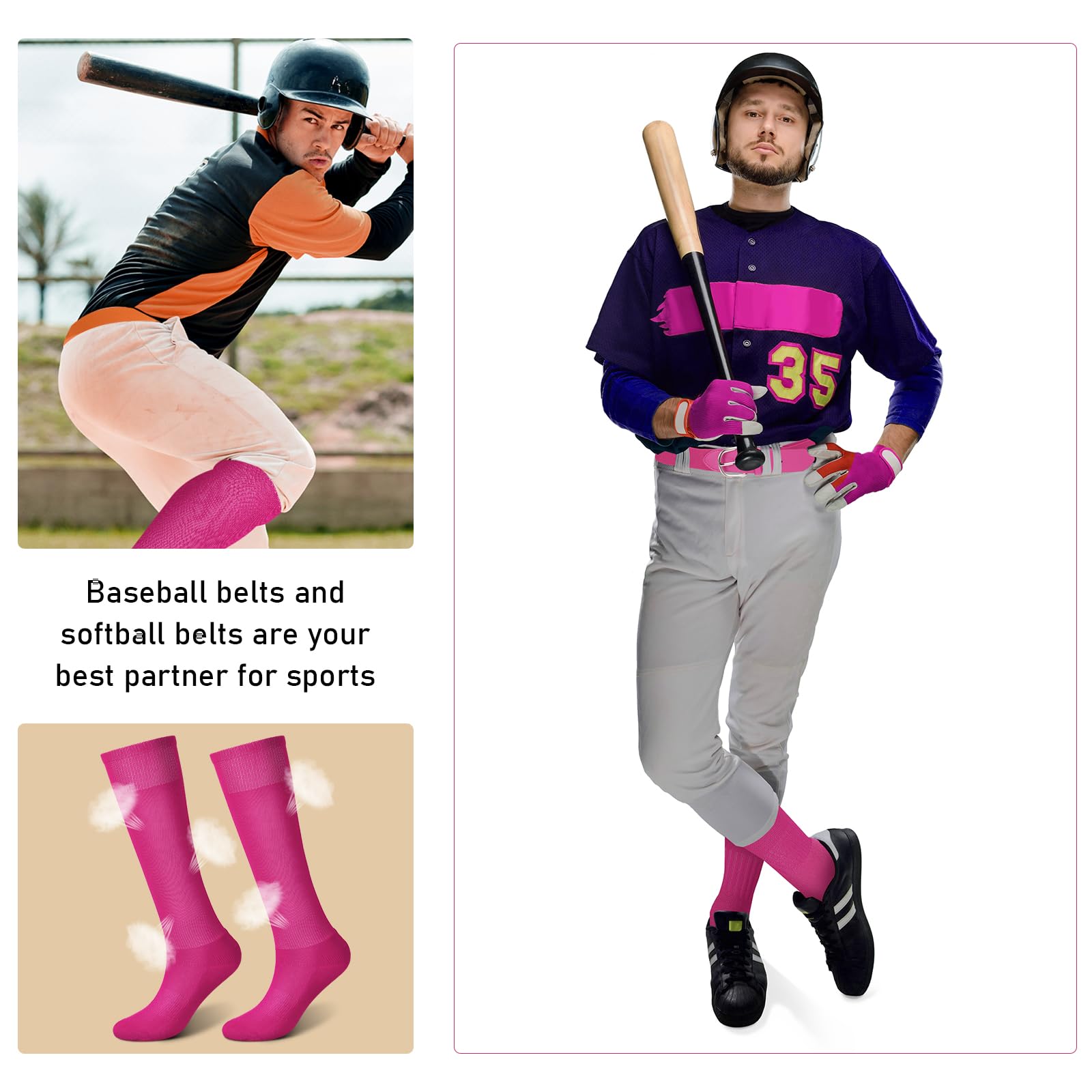 Zhanmai Baseball Belt and Socks Combo Adjustable Softball Socks and Belt Elastic Waist Belt for Youth Boys Girls, and Adult (Hot Pink, Youth)