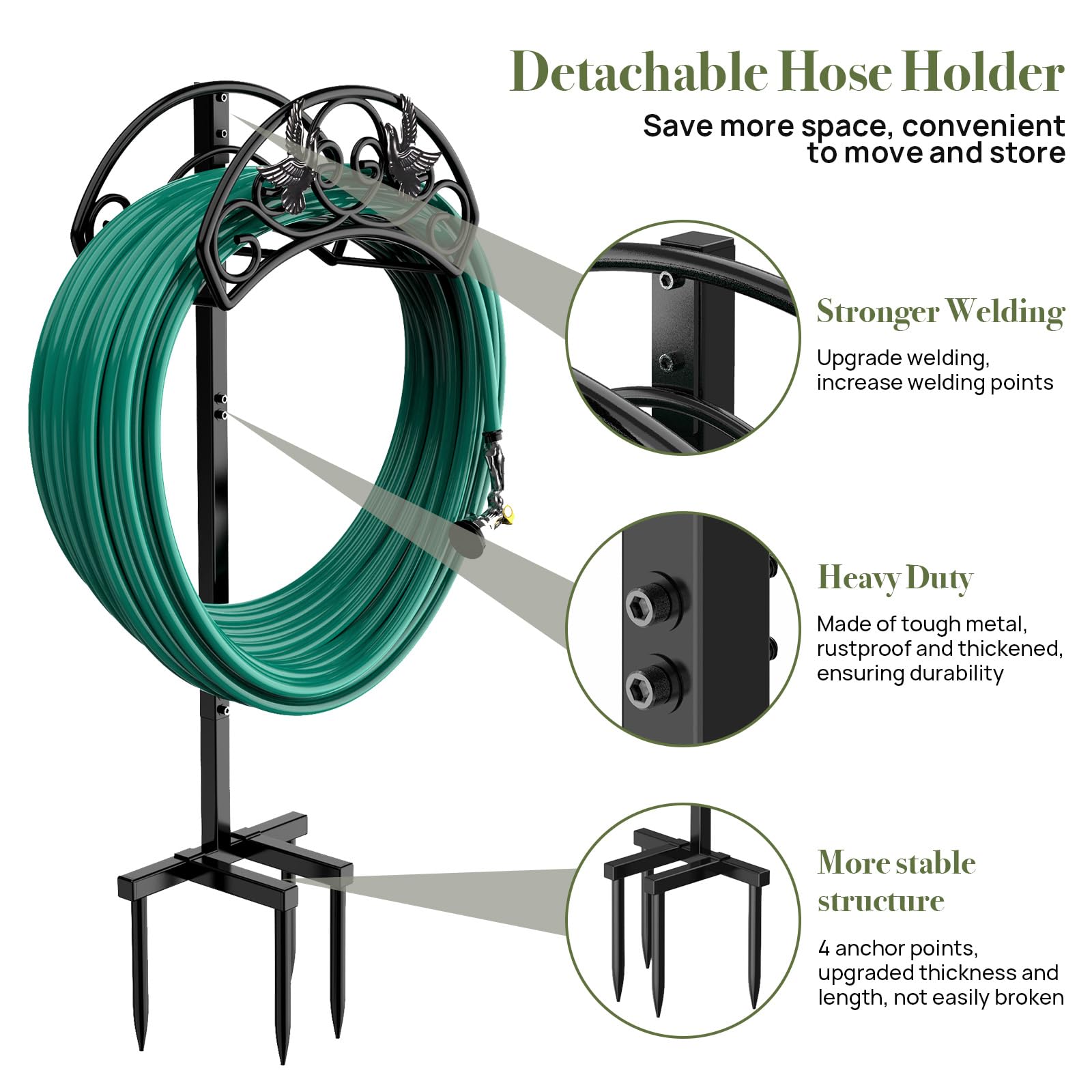 Winpull Garden Hose Holder Detachable Water Hose Holder Hose Hanger, Heavy Duty Metal Hose Holder Freestanding Hose Stand Hose Organizer Hose Holders for Outside (Black)