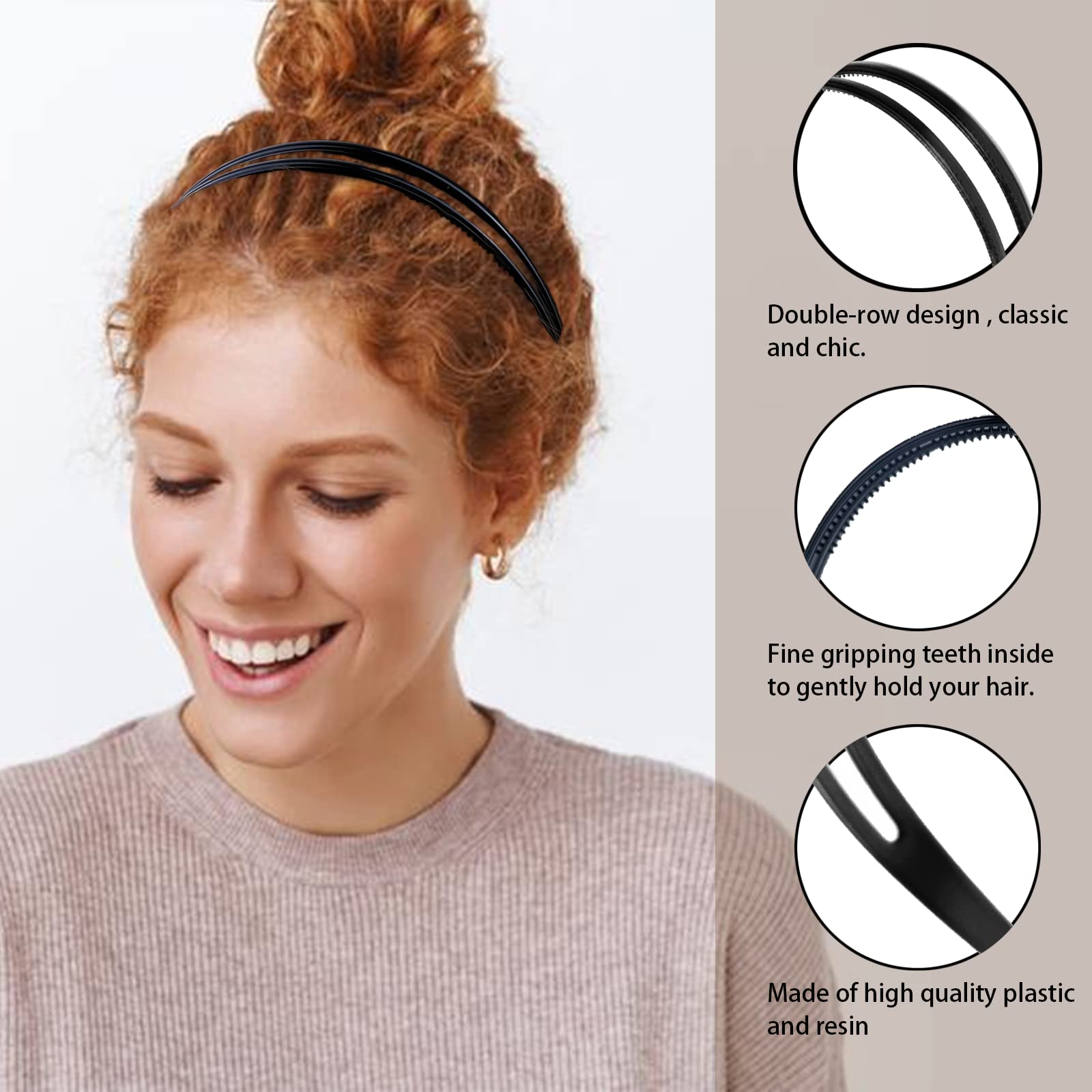 REDANHA 2 Pieces Plastic Headband Double Row Teeth Comb Hair Band Simple and Chic Hair Hoop Non-Slip Hair Accessory for Women Girls Daily Dating Decorations(Black)