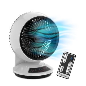 lasko whirlwind orbital motion air circulator table fan, 3 speeds, timer, dark mode, remote control for small and medium sized rooms, white, a12557