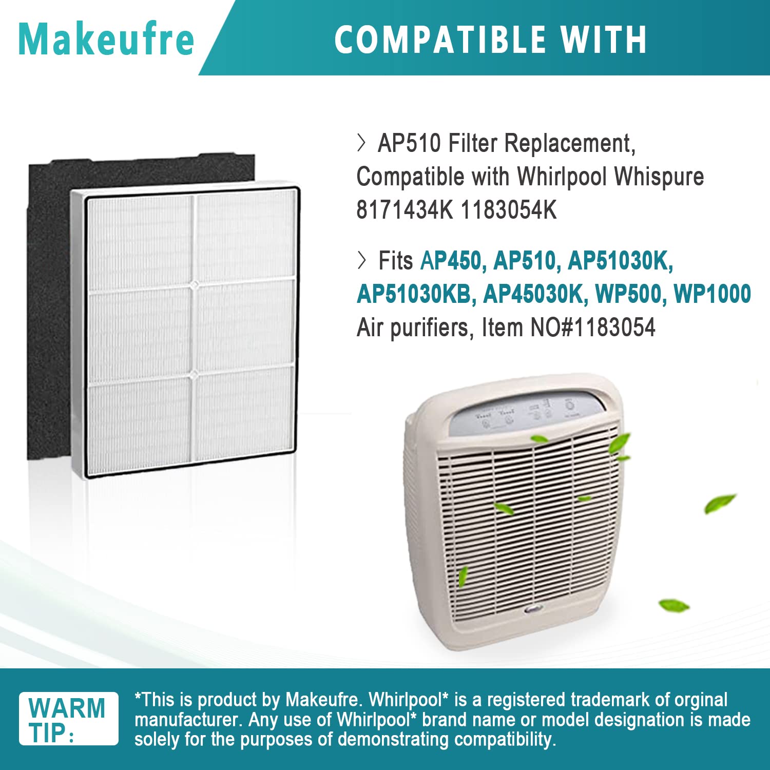 Makeufre AP510 & AP450 Filter Replacement, Compatible with Whirlpool Whispure AP450, AP510, AP51030K, AP51030KB, AP45030K, WP500, WP1000 Air purifiers, Item NO#8171434K&1183054 (5)