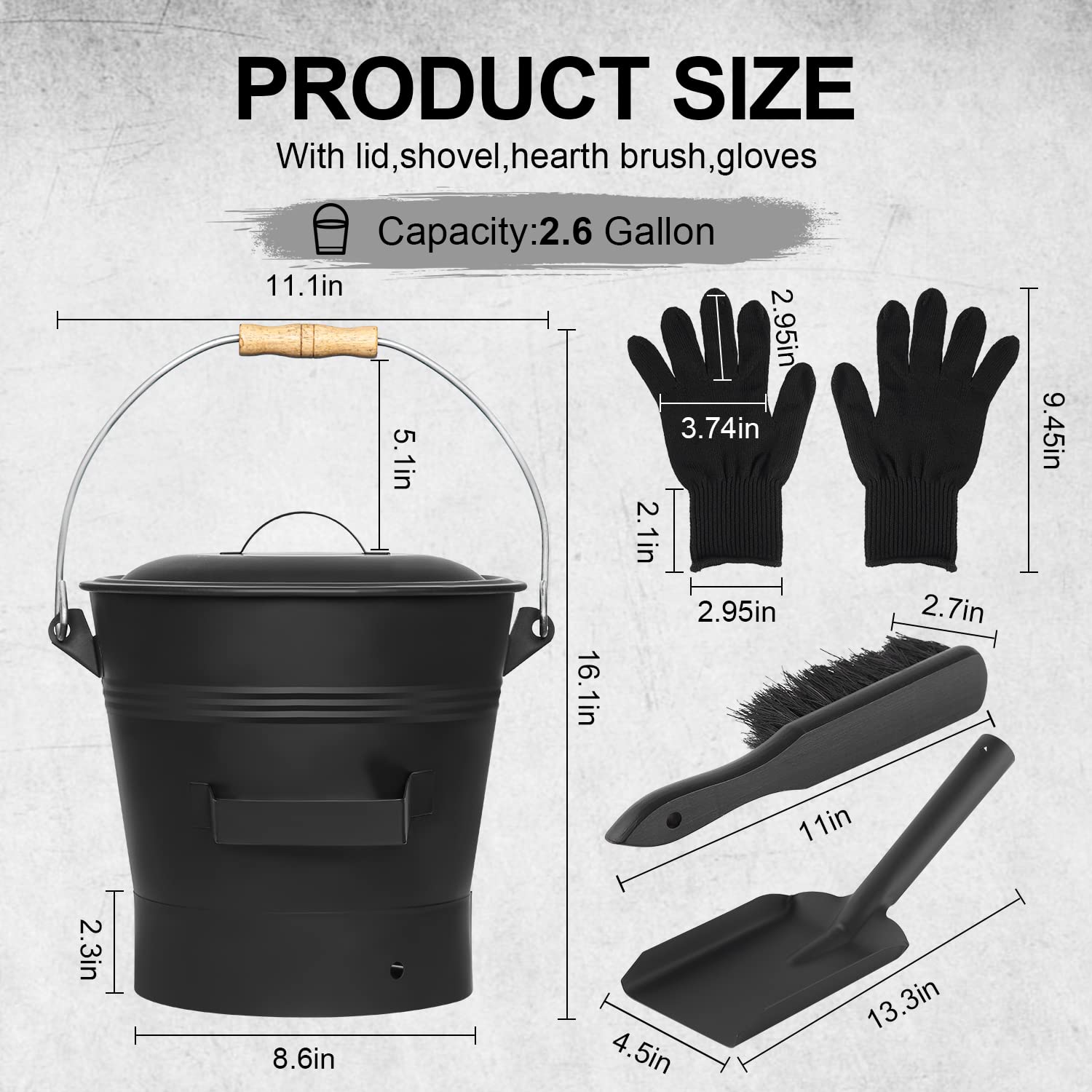 Fireplace Ash Bucket with Lid Shovel, Hand Broom and Gloves, 2.6 Gallon Charcoal Wood Fire Pits Burning Stoves, Coal/Large Pellet Metal Buckets/Hot Wood Carrier Pail Fire Pits Ash Can Cleaning Tools