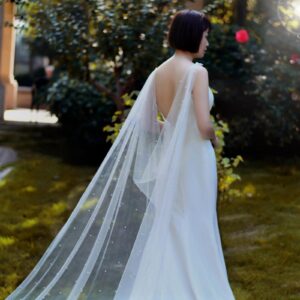 Ivory Long Wedding Shawl Cloak Pearl Veil Bead Bridal Capes For Bride (IVORY)