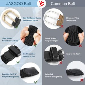 JASGOOD Women Braided Elastic Belt, 1'' Narrow Width Woven Fabric Belt for Jeans Men Golf Belt with Gold Buckle, B-Black+Khaki