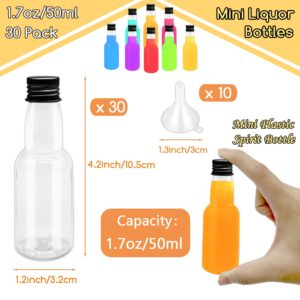 30 Pack 1.7oz Mini Liquor Bottles,50ml Plastic Spirit Alcohol Bottle with Black Cap,Miniature Sauce Bottles with 10 Funnels for Weddings,Party Supplies