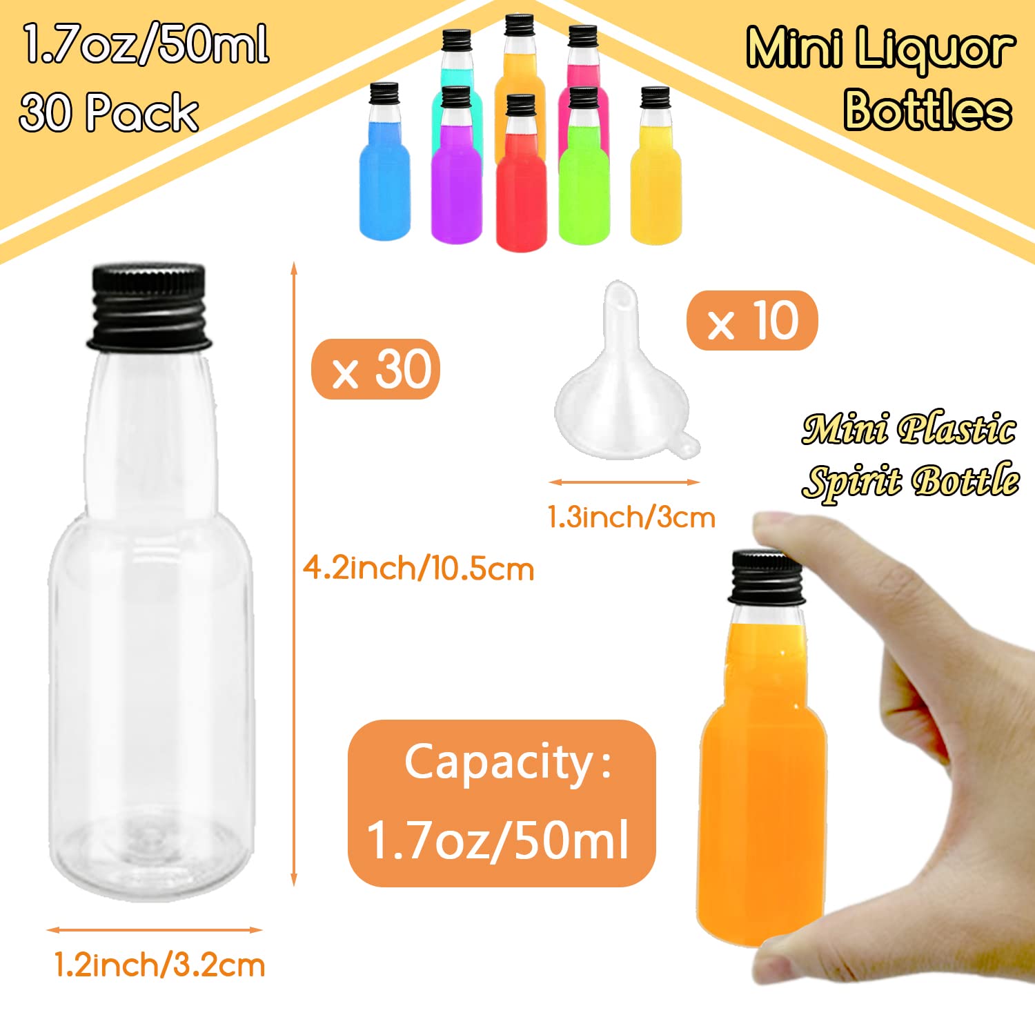 30 Pack 1.7oz Mini Liquor Bottles,50ml Plastic Spirit Alcohol Bottle with Black Cap,Miniature Sauce Bottles with 10 Funnels for Weddings,Party Supplies