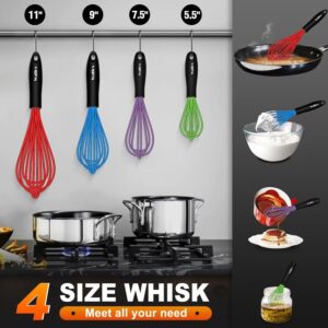 Walfos Whisk, Silicone Whisk Heat Resistant (480°F) Kitchen Whisks Set of 4- Professional Whisks For Cooking Non Scratch, Balloon Egg Wisk Perfect for Frothing, Blending, Beating