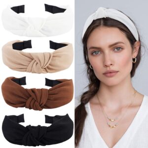 yission 4pcs knotted headbands - non slip wide fashion head bands for women and girls - black and white top knot accessories