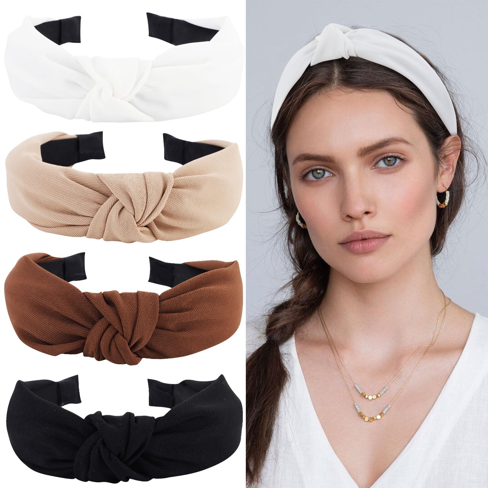 YISSION 4PCS Knotted Headbands - Non Slip Wide Fashion Head Bands for Women and Girls - Black and White Top Knot Accessories