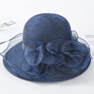 Wide-Brim-Kentucky-Hat Sun-Hat for Womens Foldable UV-Protection Summer-Derby-Tea-Party-Fascinator-Hats(M/L) Navy