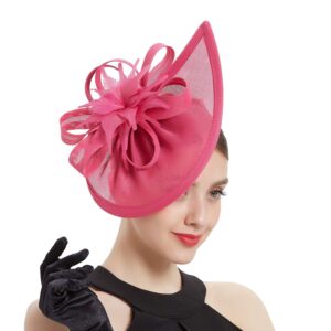 bubbmi sinamay fascinator hat with top flower, women feather pillbox headwear, church wedding derby cocktail tea party headpiece(c hot pink)