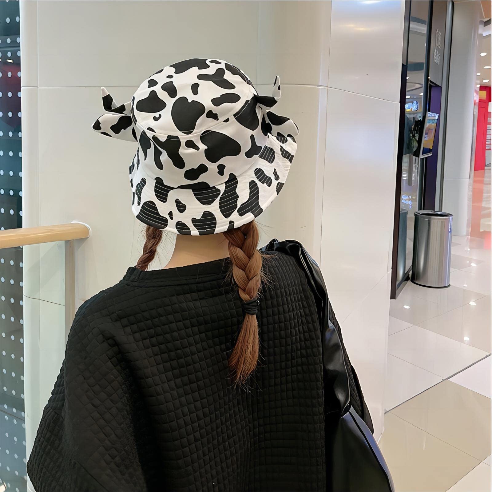 Cow Print Bucket Hat with Cute Horn Ears Cow Print Summer Beach Sun Hat Fisherman's Cow Bucket Hat (White)