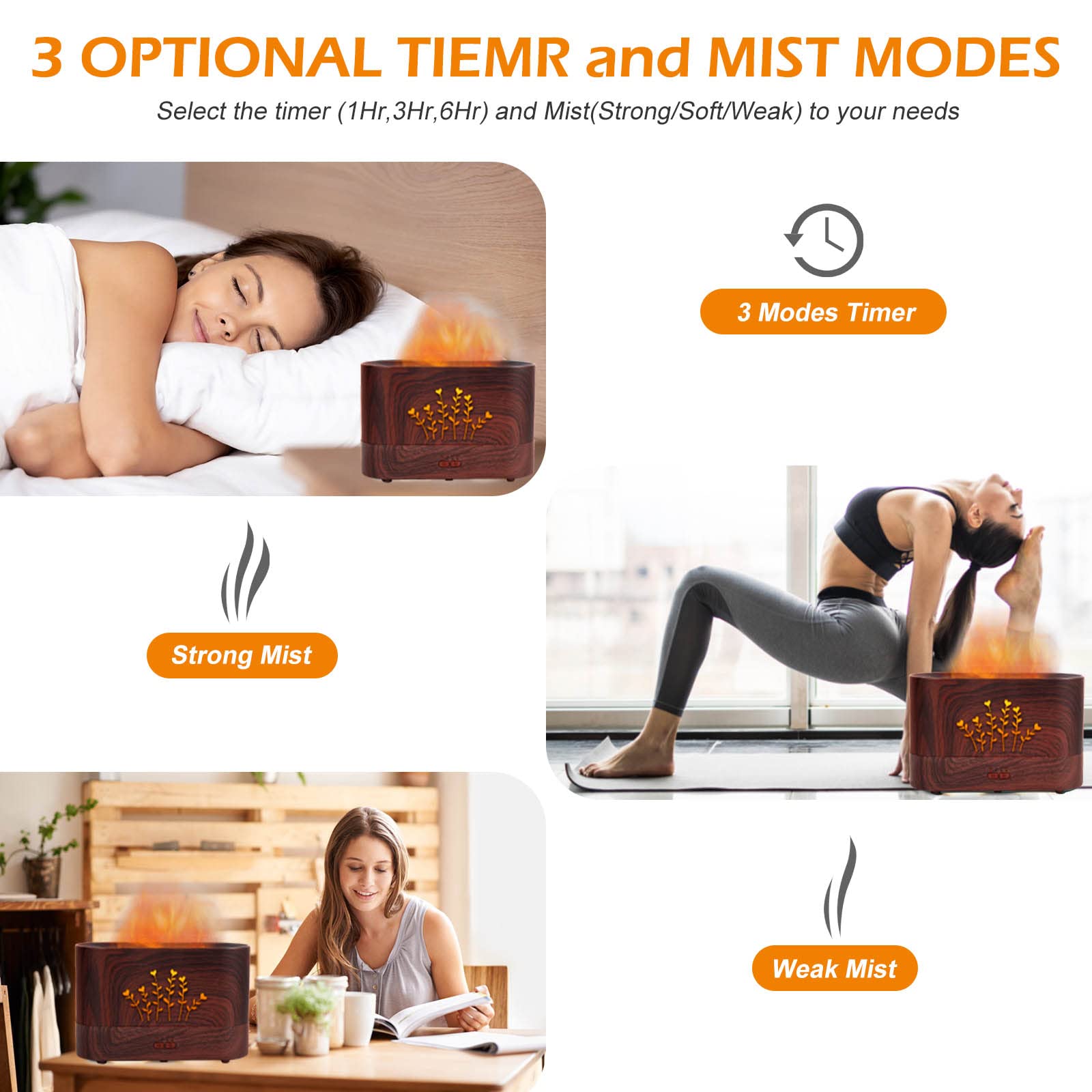 PLUWEL Flame Aroma Diffuser Humidifier,Auto-Off 300ml Essential Oil Diffuser for Large Room, Adjustable Brightness Air Humidifier with Timer for Home Office Spa Gym (Wood Grain)