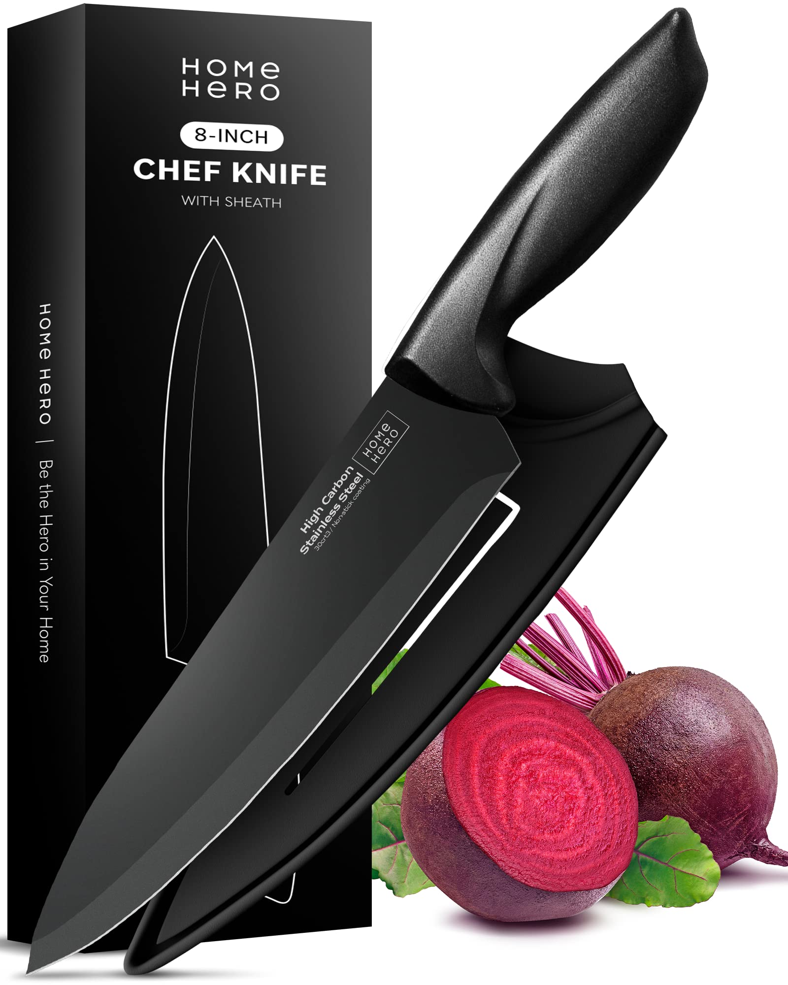 Home Hero 2 Piece 8 Inch Black Chef Knife Set with Ergonomic Handle - High Carbon Stainless Steel Razor-Sharp Multi-Purpose Kitchen Knife for Chopping Vegetables and Meats (Black)