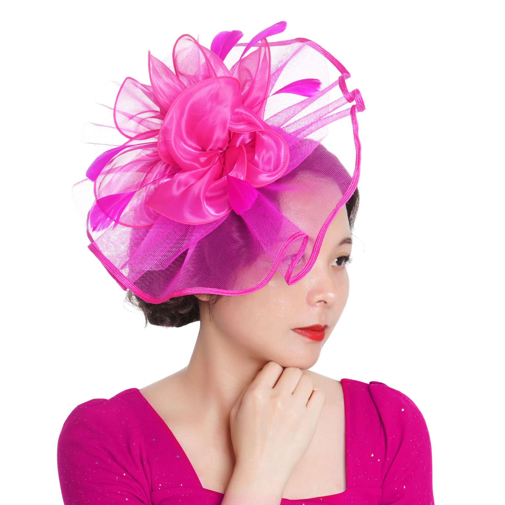 Fascinators Hat for Women Tea Party Fascinator 20s 50s Cocktail Church Wedding Headwear Large Ruffle Fascinator Hat (Fuchsia Red)