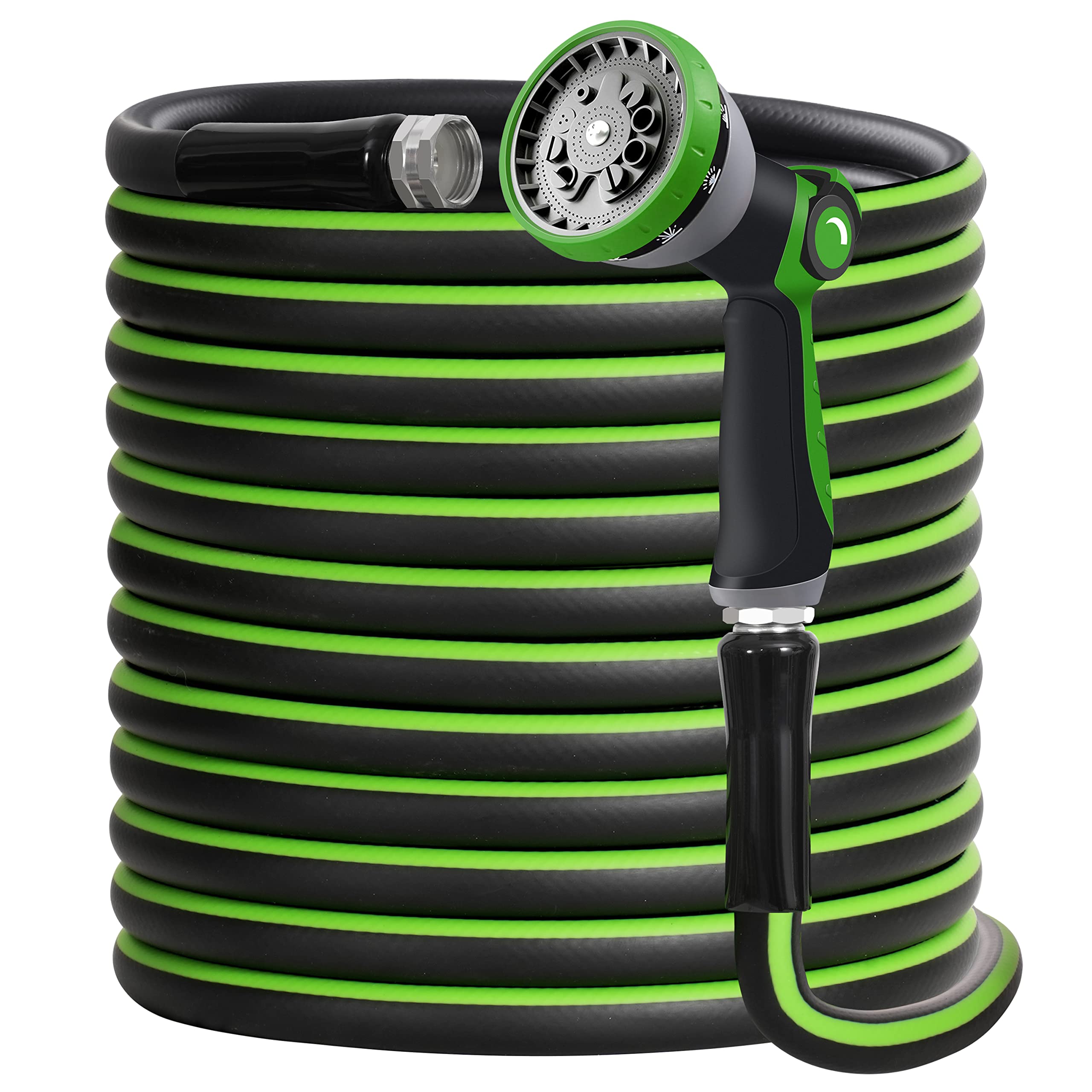 Heavy Duty Garden Hose 5/8" Super Flexible Water Hose with 10 Function Sprayer Nozzle 3/4" Solid Fittings Leakproof Hose 450 Burst PSI Watering Pipe Car Wash (50FT, Black+Green)