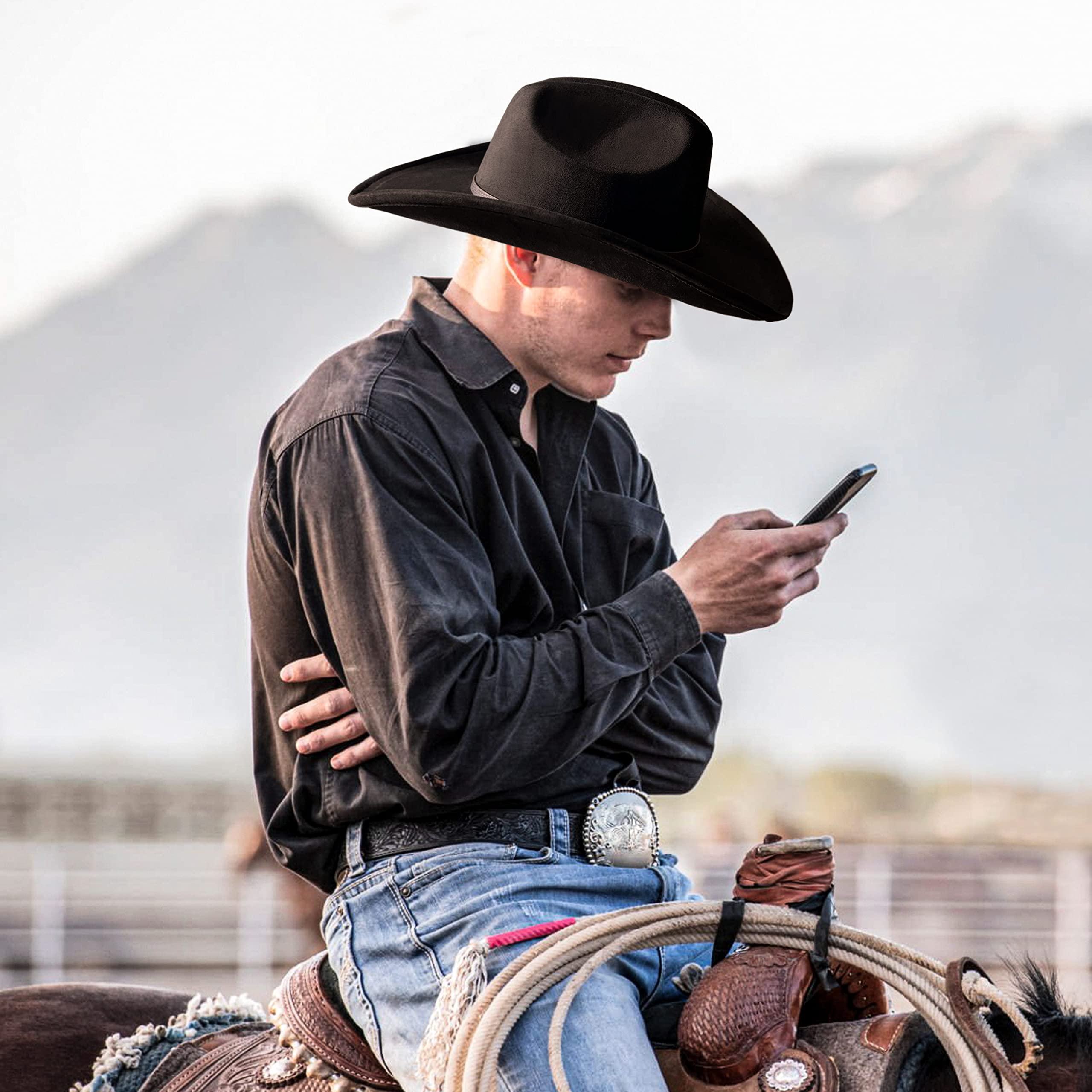 FLUFFY SENSE. Cowboy Hat for Women and Men with Shapeable Wide Brim - Felt Cowboy Hat Cattleman Western Hats for Cowboys and Cowgirls (as1, Alpha, l, x_l, Raven Black)