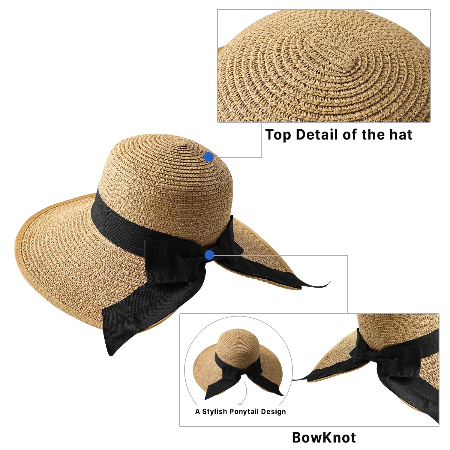 DOFOWORK Women's Sun Hat - Khaki UPF 50+, Packable, Wide Brim Straw Hat for Beach, Travel, Cruise, Honeymoon - Adjustable