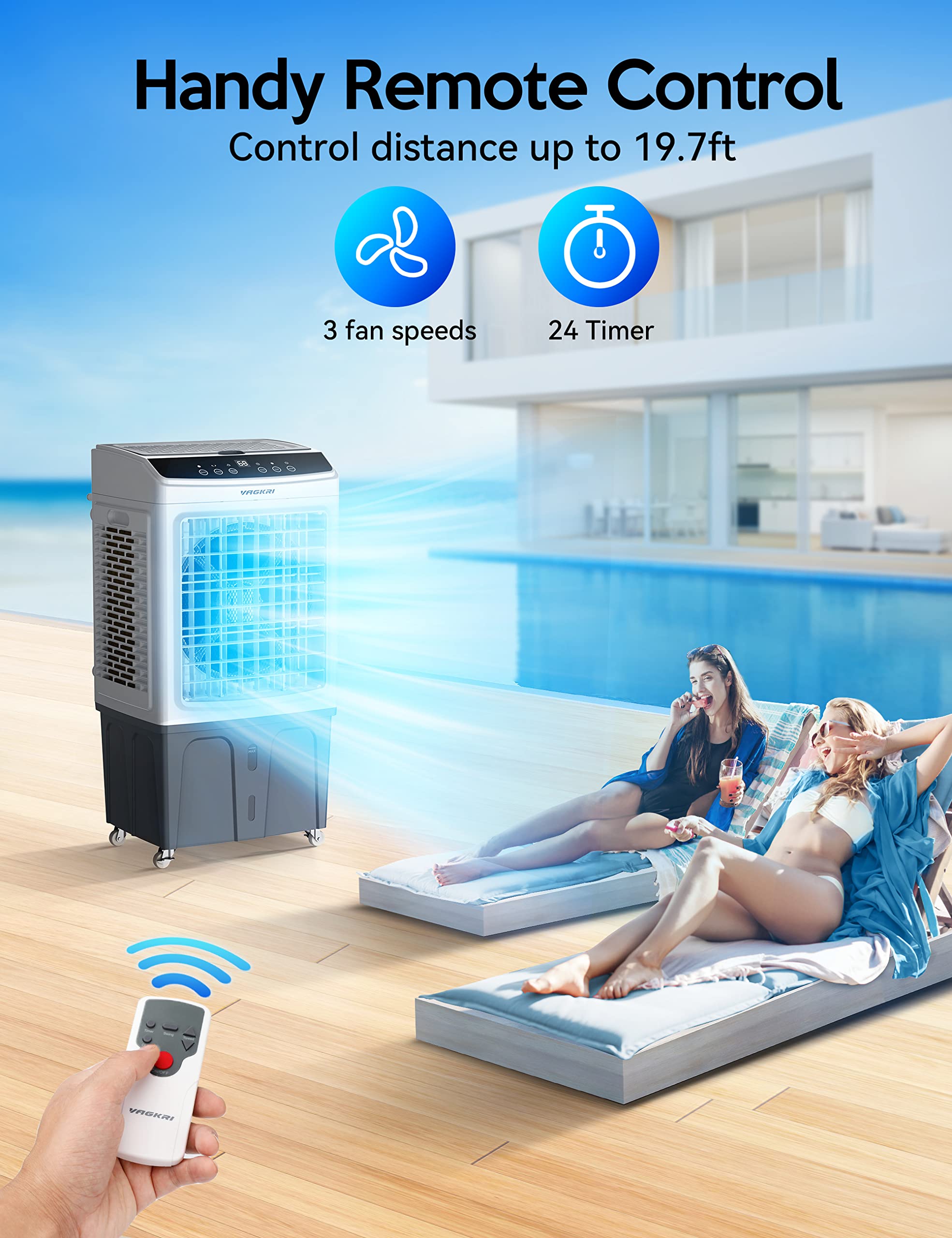 VAGKRI Evaporative Air Cooler, 2200CFM Swamp Cooler, 120°Oscillation Air Cooler with Remote Control, 24H Timer, 3 Modes & Wind Speeds for Outdoor Indoor Use, 9.2Gallon