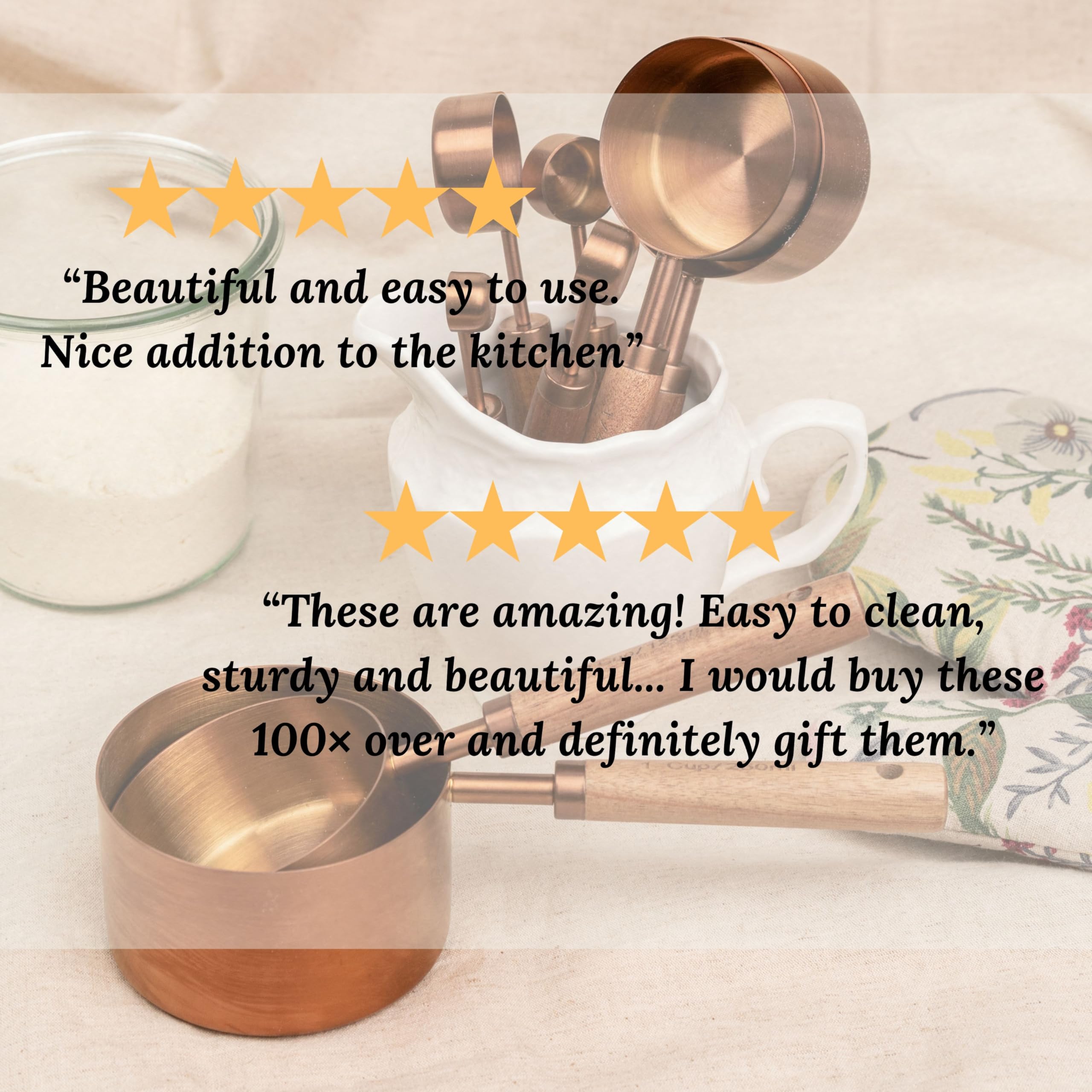 Copper Stainless Steel Measuring Cups and Spoons Set of 8, Wooden Handle with US Measurements, Metric Cups and Spoons for cooking and baking